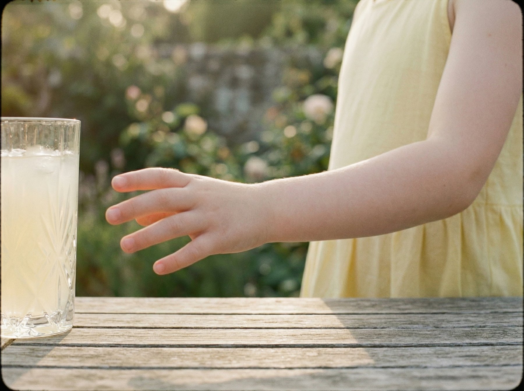 Child reaching for lemonade