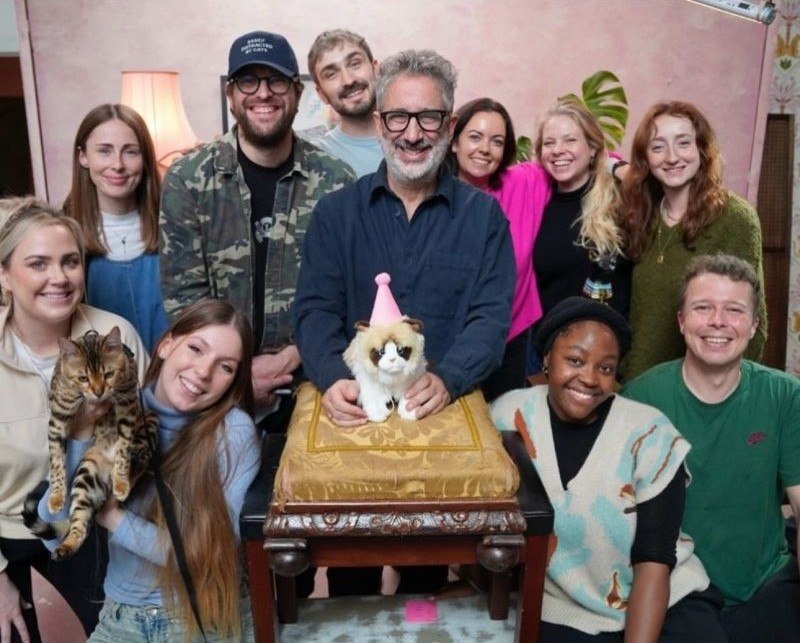 David Baddiel with the crew on set